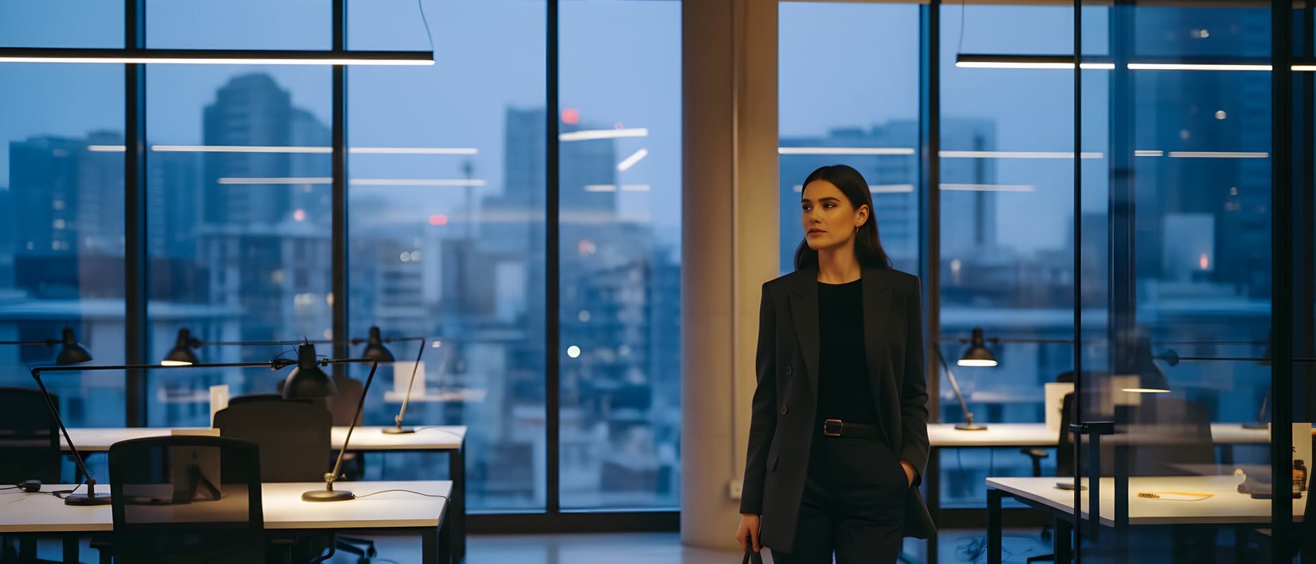Vrouw loopt door een modern kantoor tijdens blauw uur met de skyline op de achtergrond